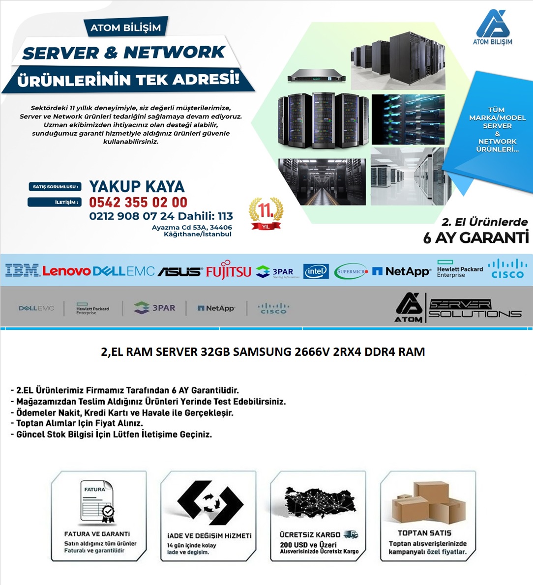 2.EL RAM SERVER 32GB SAMSUNG 2666V DDR4 2666 MHz PC4 | Atom Bilişim